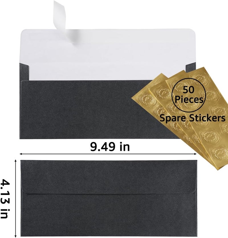 Wishop 50 Pack Shiny #10 Business Envelopes Self Seal Standard Envelopes with Gold Stickers for Office Checks, Business Cards, Letter Mailing Invoices, 4.13 x 9.49 Inches (Black) - Image 2